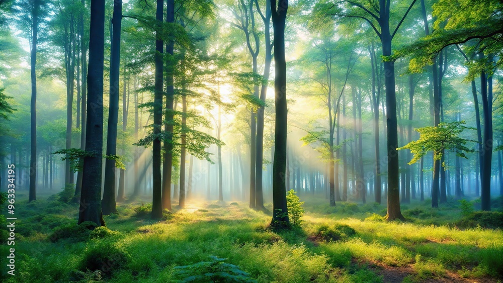 A serene morning in a misty forest, soft warm light filtering through the trees, with a shallow depth of field and subtle gradient of blues and greens.