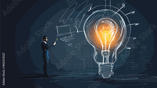 Giant Hand Drawing Glowing Light Bulb with Pen Next to Thinking Businessman - Creative Ideas and Innovation