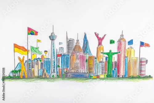 G20 Summit Cityscape Crayon Drawing - Vibrant Childish Art Featuring Iconic Landmarks, Flags, and Towers photo