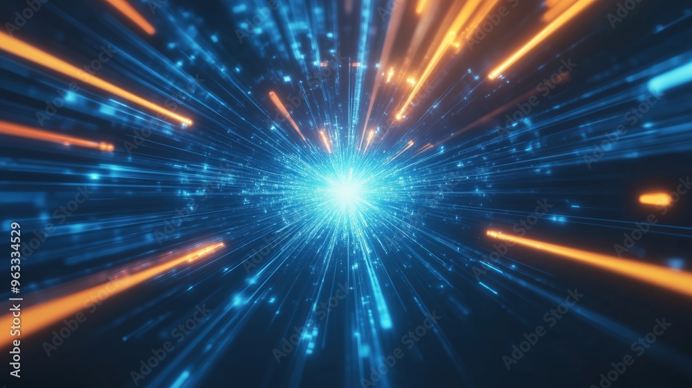 Fototapeta premium Glowing digital technology background featuring blue and orange light rays with abstract lines of code and high-speed motion effects. Futuristic concept for big data analysis, science, and cyberspace,