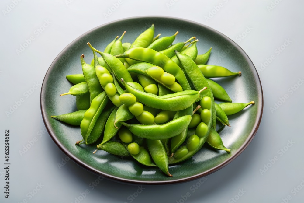 Isolated edamame pods scattered artfully on a spotless plate, showcasing varying shades of green. Isolated edamame pods scattered artfully on a spotless plate, showcasing varying shades of green.