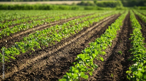 A field of crops with rows of budding plants, indicating a successful and promising harvest to come.