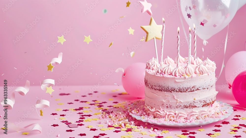 A delightful pink birthday cake forms a charming background. The pink color gives a soft and festive look. The cake has a smooth surface and is likely decorated with various elements. It brings a sens