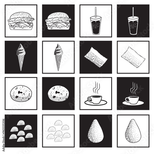  Foods set. Collection of foods what Brazilians like with sandwich, drink, ice cream, Fried pastry, cheese bread, coffee and snacks. Transparent background.