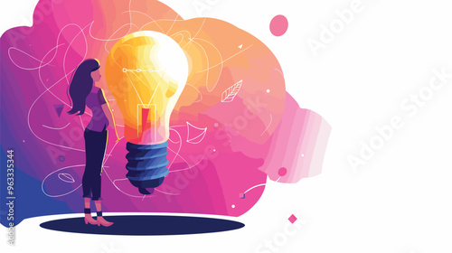 Hand Drawing Glowing Light Bulb with Pen Next to Thinking Businesswoman - Creative Ideas Landing Page