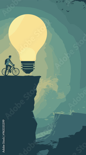 Mentor Guiding Businessman on Bicycle over Cliff towards Light Bulb, Symbolizing Help in Overcoming Obstacles to Achieve Goals and Ideas