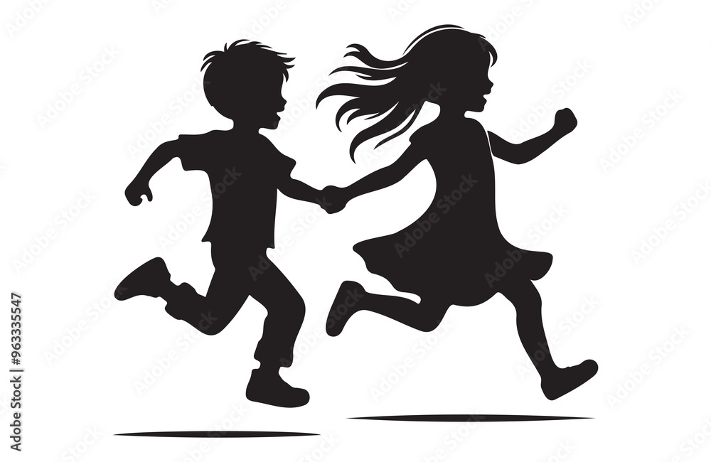 Obraz premium children girl and boy joyfully run of silhouette vector