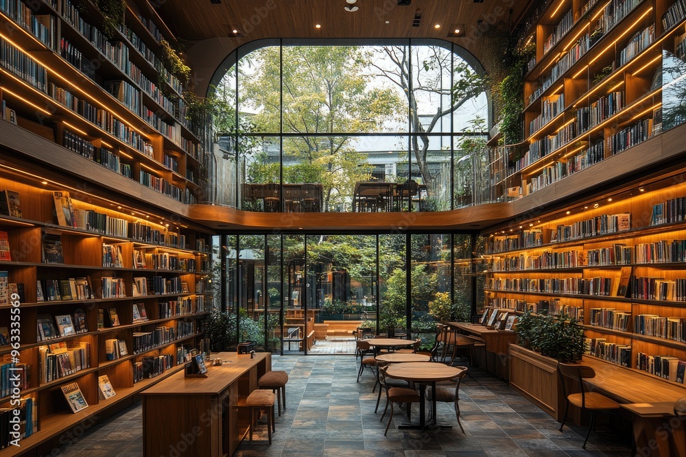 Fototapeta premium Contemporary Library with Large Glass Windows..