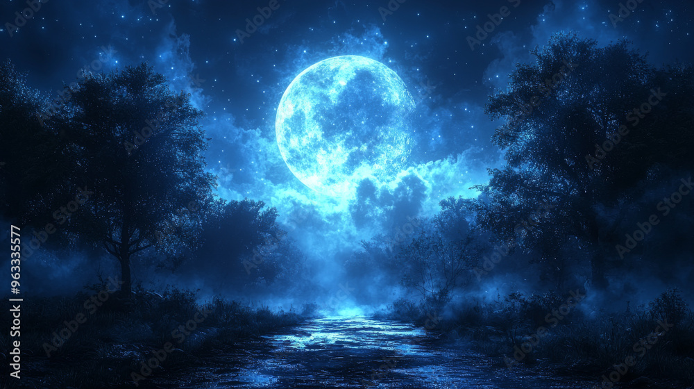 A mystical forest bathed in the glow of a full moon. A mystical forest bathed in the glow of a full moon.
