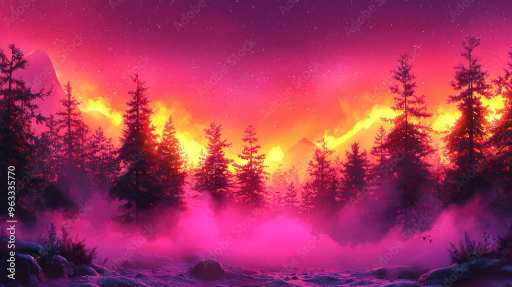 A surreal, vibrant landscape featuring a dense forest silhouetted against a fiery pink and yellow sky. A surreal, vibrant landscape featuring a dense forest silhouetted against a fiery pink and yellow sky.
