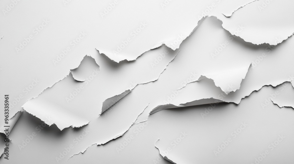 Close-up of torn paper edges creating a dynamic, textured pattern on a clean white background. Perfect for design overlays. Close-up of torn paper edges creating a dynamic, textured pattern on a clean white background. Perfect for design overlays.