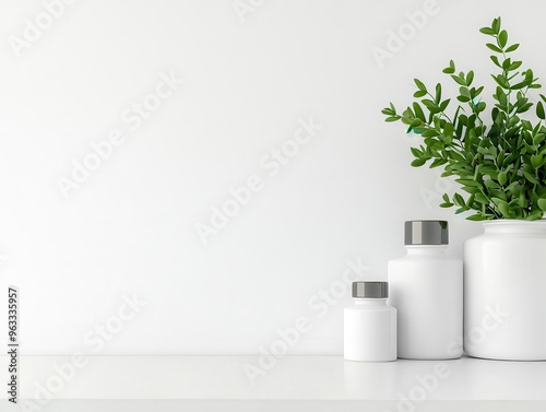 Modern pharmacy with sleek white counters, minimalist design, clean surfaces, and organized products, 3D Render, Photorealistic