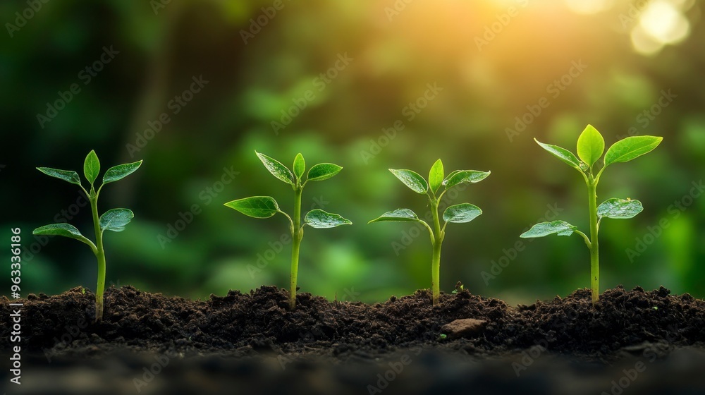 Four Small Green Seedlings Growing in Soil Four Small Green Seedlings Growing in Soil