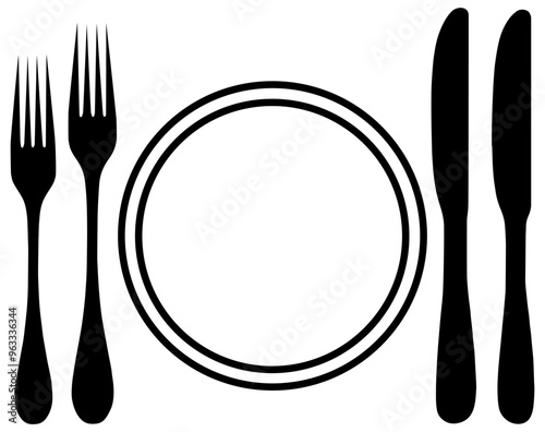 Simple place setting of fork, plate and knife in black, isolated 