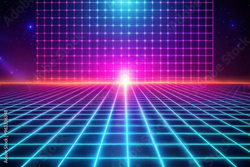 Futuristic neon grid horizon with vibrant colors and digital atmosphere