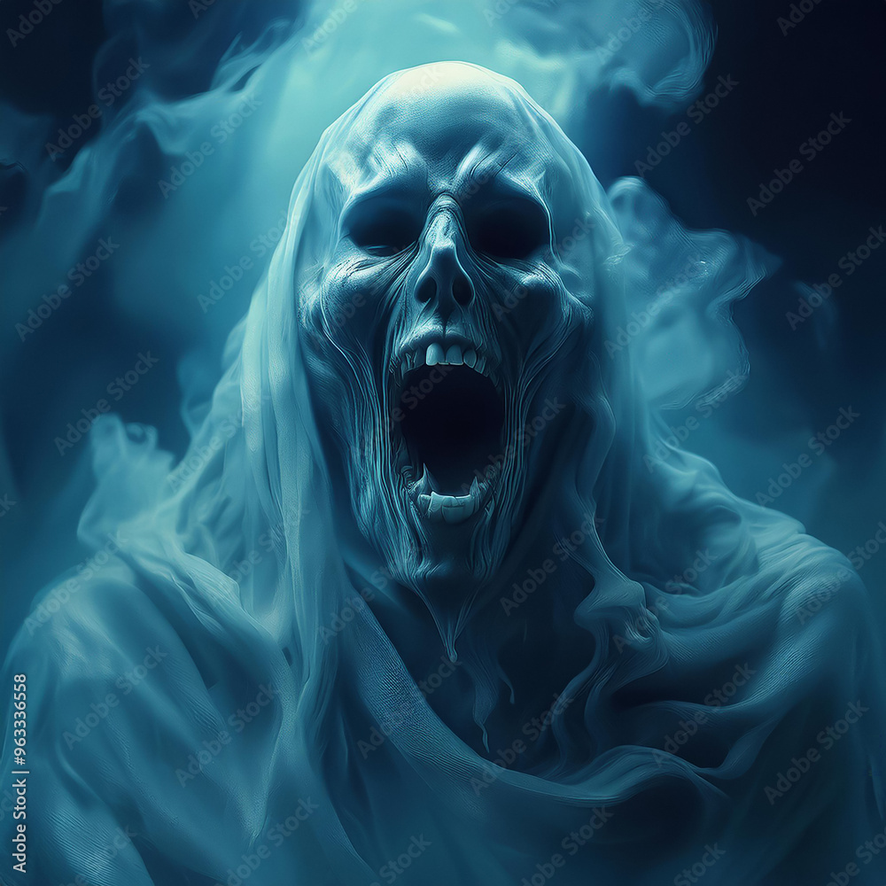 Fototapeta premium The scary ghost figure disappeared peacefully, the ghost head and the scary screams