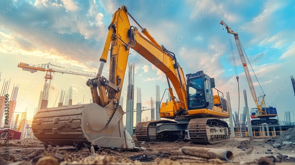 Construction Site with Excavator and Cranes at Sunset Construction Site with Excavator and Cranes at Sunset