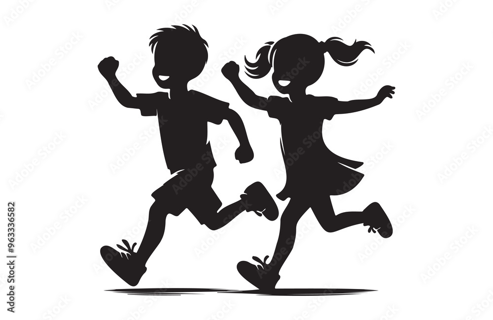children girl and boy joyfully run of silhouette vector children girl and boy joyfully run of silhouette vector