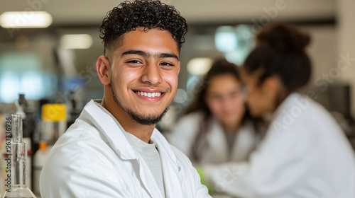 a positive young male hispanic college student working on a scientific project in a lab