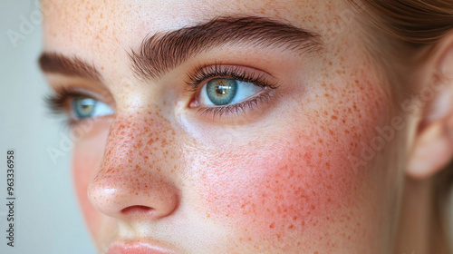 Close-up images of individuals with rosacea, focusing on the characteristic redness across the cheeks, nose, chin, and forehead.