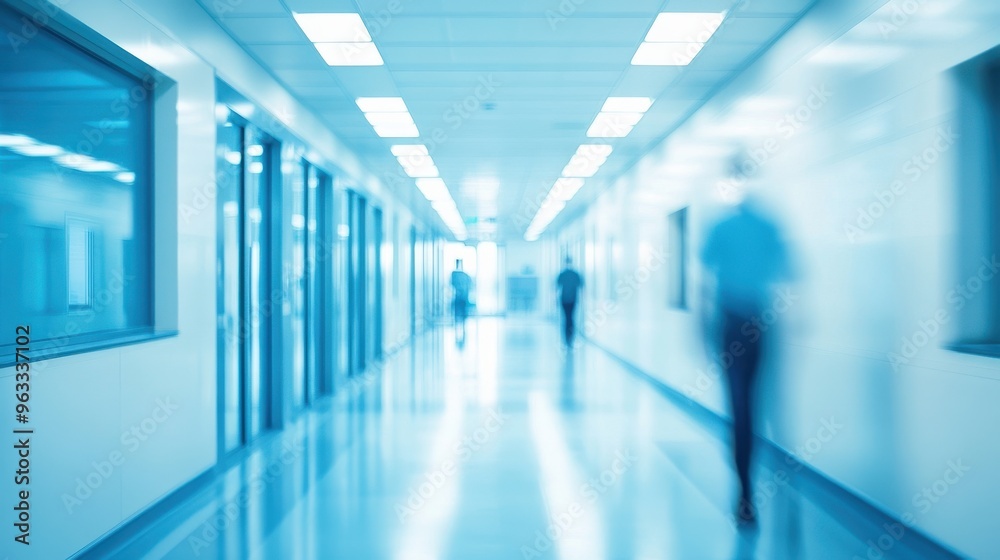 Blurred background of a modern hospital interior with a glass door and white wall, blurred people walking in the corridor, a medical clinic or office architecture concept Blurred background of a modern hospital interior with a glass door and white wall, blurred people walking in the corridor, a medical clinic or office architecture concept