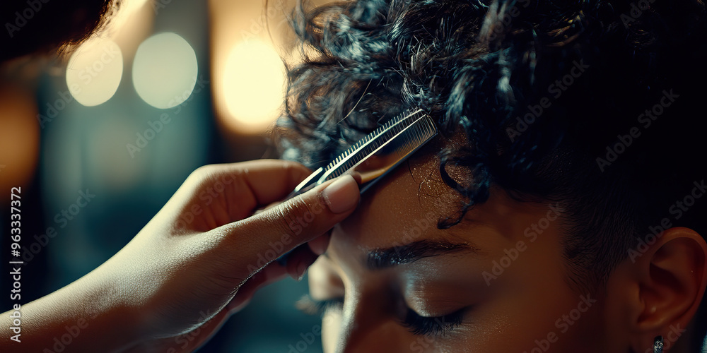 Obraz premium Hairdresser's Touch: A skilled hairdresser carefully cutting and styling a client's hair.