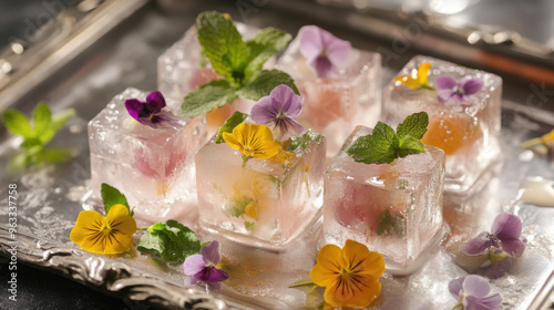 Crispy jelly cubes being served on a silver tray, garnished with edible flowers and fresh mint.
