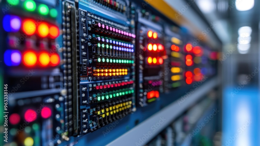 Close-up view of colorful LED lights on electronic circuit boards, showcasing modern technology in a digital environment. Close-up view of colorful LED lights on electronic circuit boards, showcasing modern technology in a digital environment.