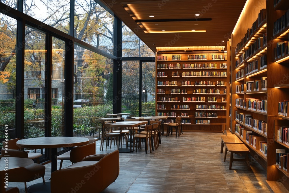 Reading Space in a Modern Library with Tall Bookshelves.. Reading Space in a Modern Library with Tall Bookshelves..