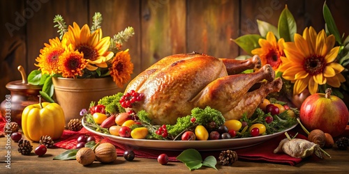 A symmetrical composition showcases a stunning Thanksgiving spread, with a perfectly roasted turkey, fresh fruits, and vibrant flowers, all set against a warm, inviting background. photo