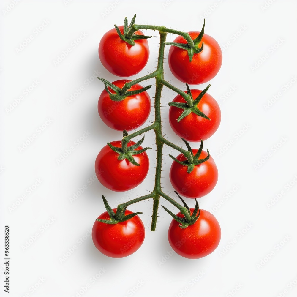A close up of a tomato plant with six tomatoes on a stem A close up of a tomato plant with six tomatoes on a stem
