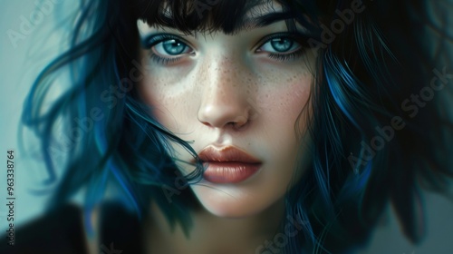 portrait of a teenage girl with blue hair and light eyes and freckles