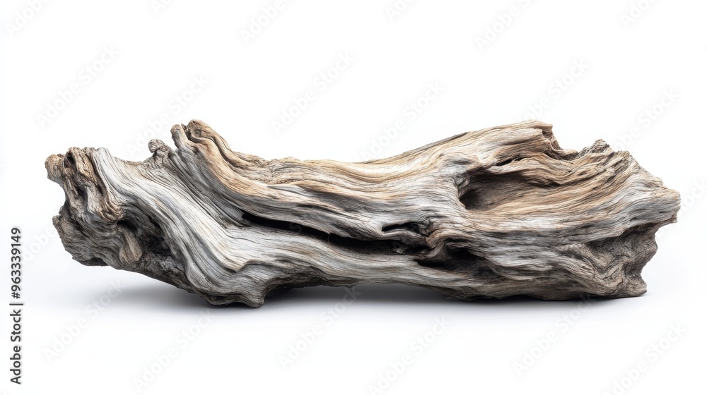 Isolated driftwood piece with intricate textures and a rugged, weathered appearance, casting a soft shadow on a white background. Isolated driftwood piece with intricate textures and a rugged, weathered appearance, casting a soft shadow on a white background.
