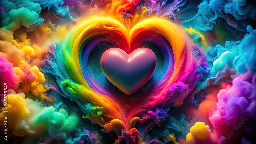 A bold, 3D heart emoji bursts forth from a swirling vortex of vibrant, rainbow-colored smoke, its glossy surface reflecting the kaleidoscope of hues. A bold, 3D heart emoji bursts forth from a swirling vortex of vibrant, rainbow-colored smoke, its glossy surface reflecting the kaleidoscope of hues.