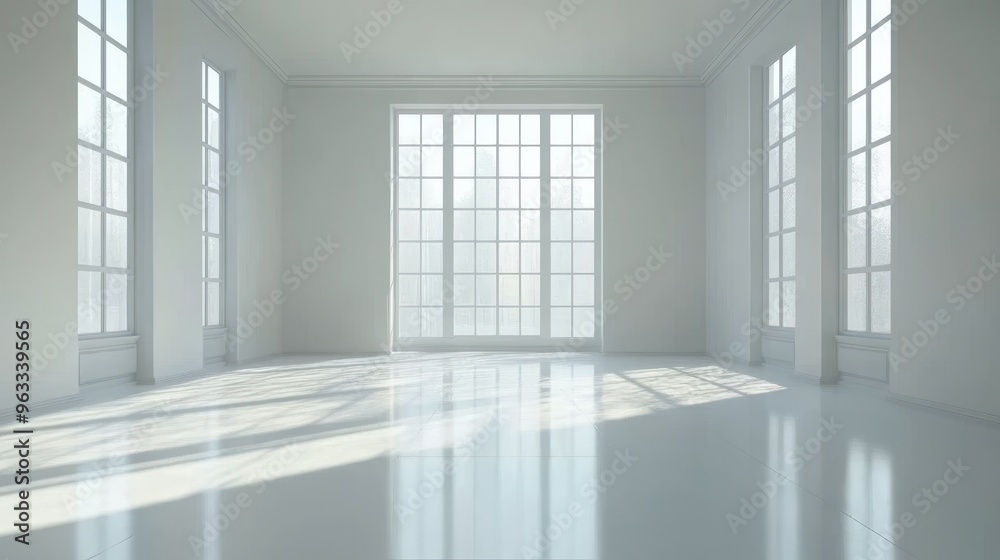 Fototapeta premium Minimalist white room with stark design, evoking a futuristic and abstract atmosphere. Clean lines and an empty, spacious environment reminiscent of digital worlds and modern architectural concepts.