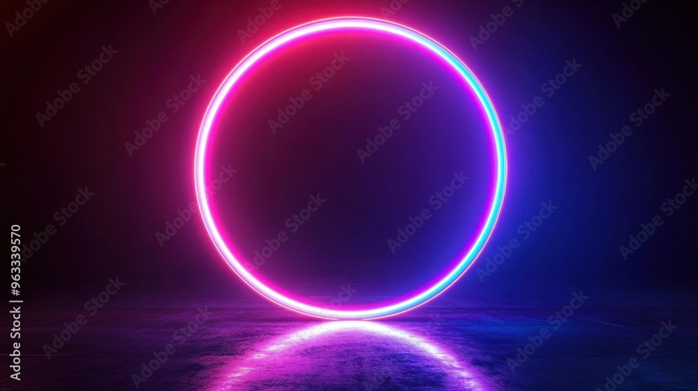 Neon circle glowing brightly against a dark background, its vibrant light casting reflections, creating a futuristic frame in an empty space. Neon circle glowing brightly against a dark background, its vibrant light casting reflections, creating a futuristic frame in an empty space.