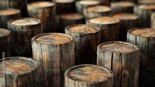 Rows of weathered wooden oil barrels, capturing the essence of preserving the past with eco-conscious storage