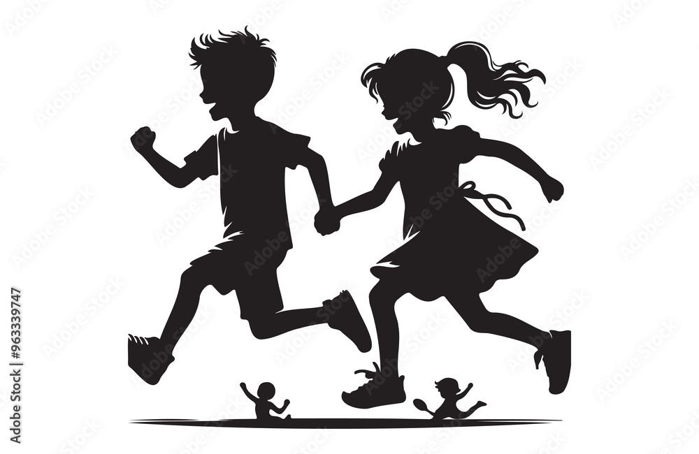 Obraz premium children girl and boy joyfully run of silhouette vector