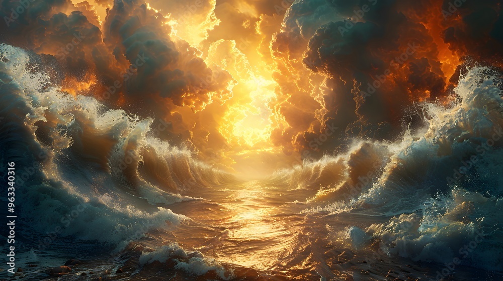 Show the dramatic crossing as Moses guides the Israelites through the Red Sea,