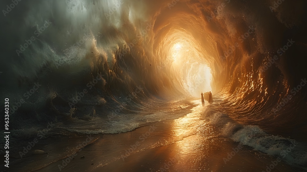 Fototapeta premium Show the dramatic crossing as Moses guides the Israelites through the Red Sea,