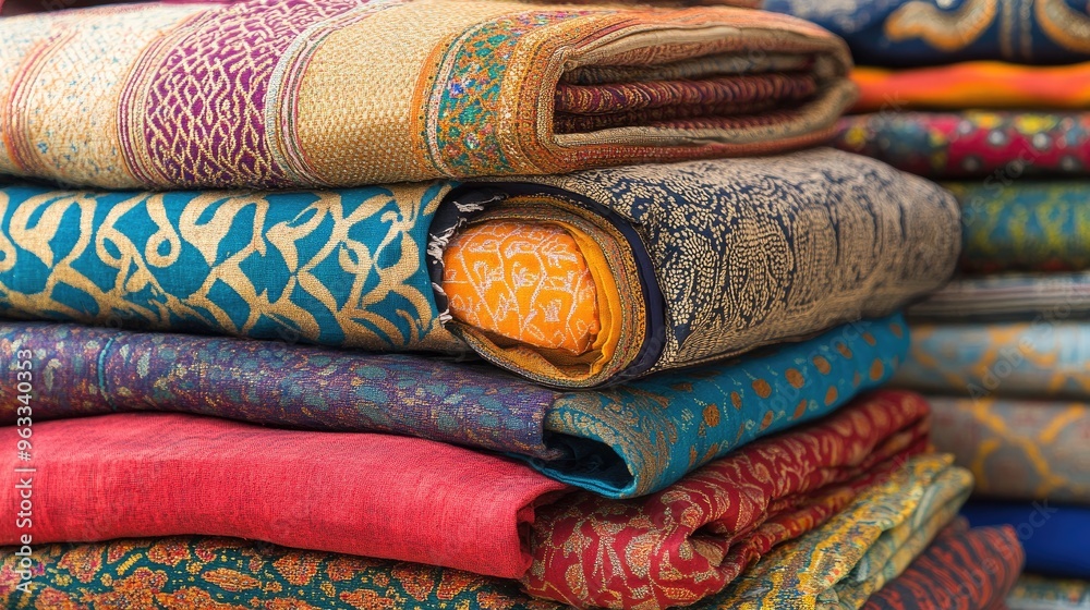 Stacked colorful textiles in an Indian bazaar, highlighting intricate designs and lively colors.
