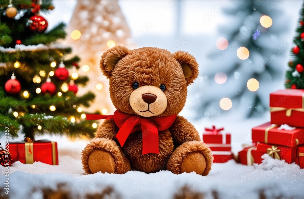 A teddy bear with a red bow sits in the snow, next to trees and gifts decorated for Christmas. Christmas card. A teddy bear with a red bow sits in the snow, next to trees and gifts decorated for Christmas. Christmas card.