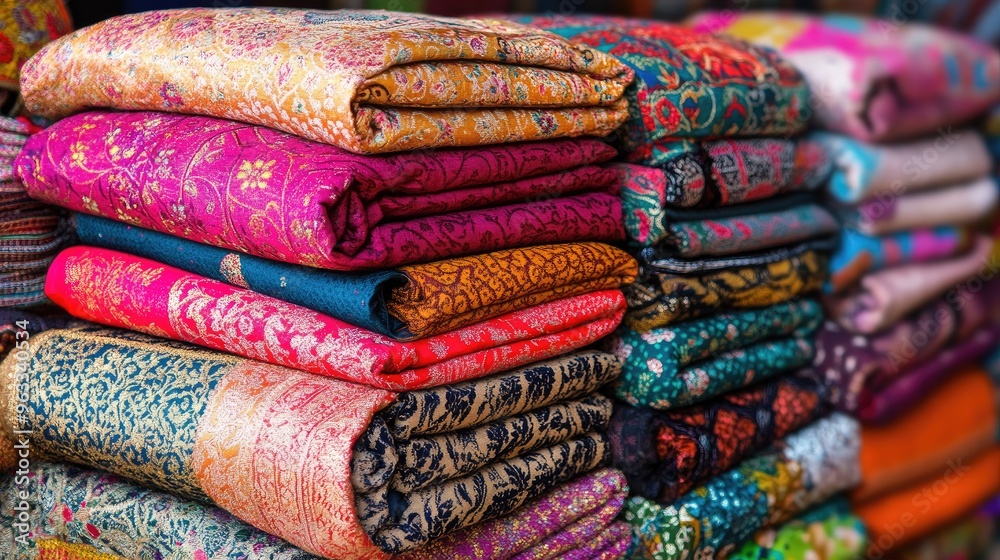 Stacked colorful textiles in an Indian bazaar, highlighting intricate designs and lively colors. Stacked colorful textiles in an Indian bazaar, highlighting intricate designs and lively colors.