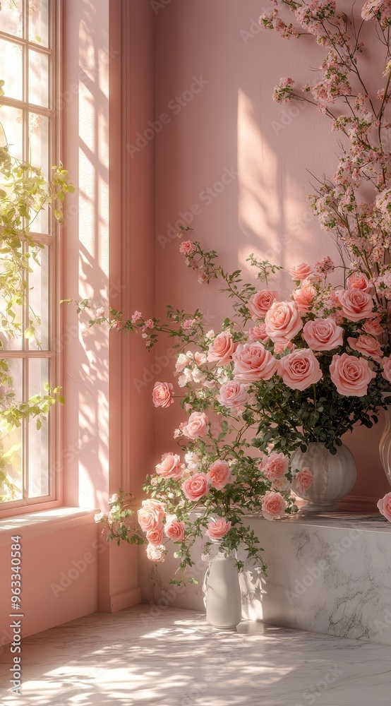 Elegant product display scene with marble tabletop showcasing roses and green plants. The light pink background and warm tones create a simple and delicate atmosphere. Elegant product display scene with marble tabletop showcasing roses and green plants. The light pink background and warm tones create a simple and delicate atmosphere.
