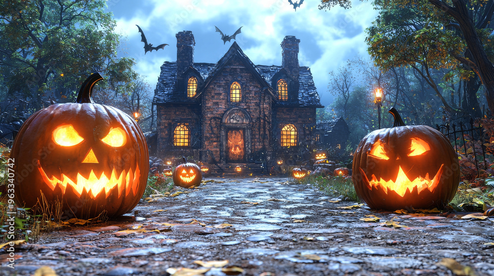 A spooky Halloween scene with a haunted house and jack-o'-lanterns. A spooky Halloween scene with a haunted house and jack-o'-lanterns.