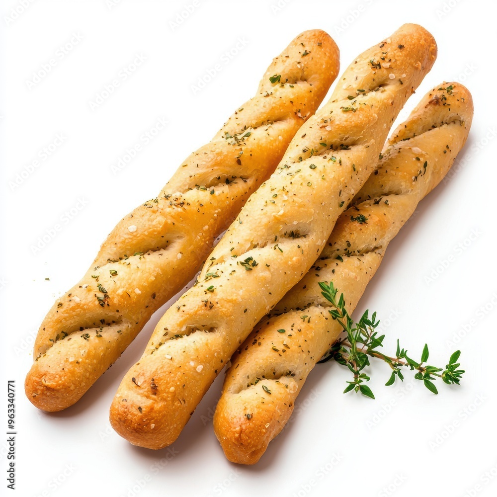 Three long, thin breadsticks with herbs on top Three long, thin breadsticks with herbs on top
