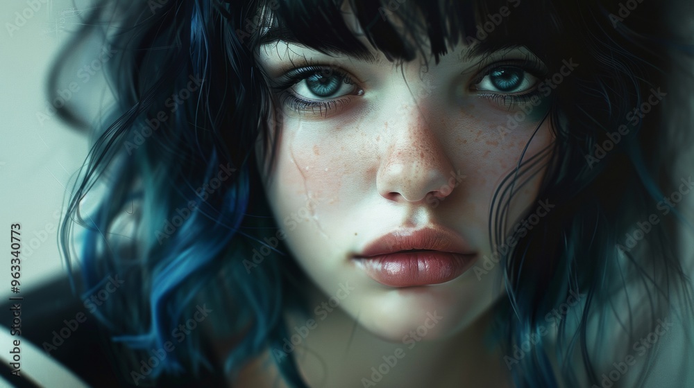 portrait of a teenage girl with blue hair and light eyes and freckles portrait of a teenage girl with blue hair and light eyes and freckles