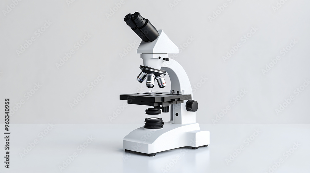 Modern white microscope on a white background with space for text, representing scientific research and innovation Modern white microscope on a white background with space for text, representing scientific research and innovation