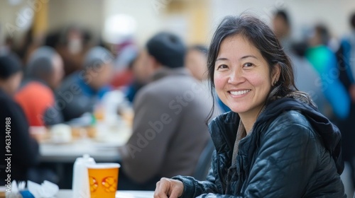 One young Asian woman sitting at a table in a community dining hall, smiling warmly. The background is blurred with people interacting. Horizontal image.

Concept:
community dining, positive interacti photo