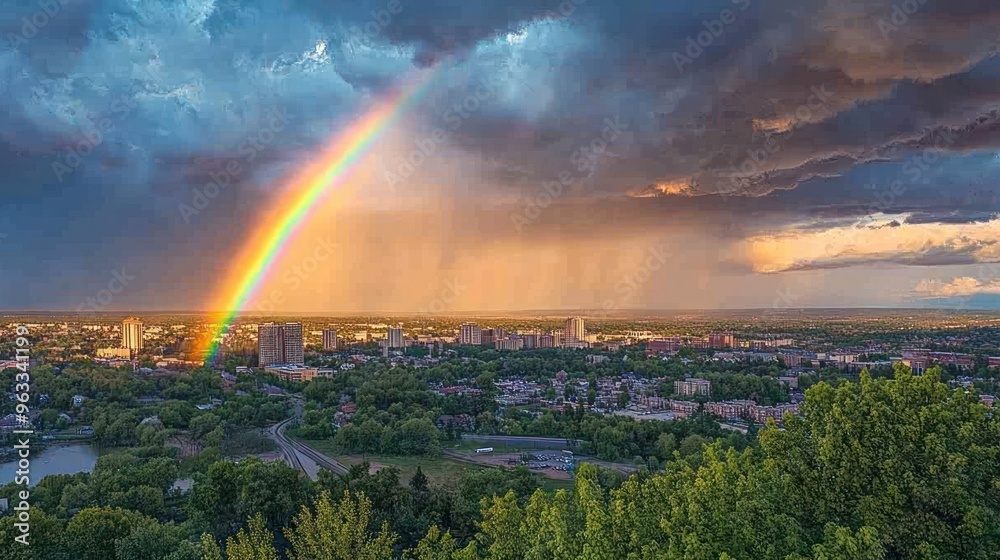 Obraz premium Rainbow over Cityscape